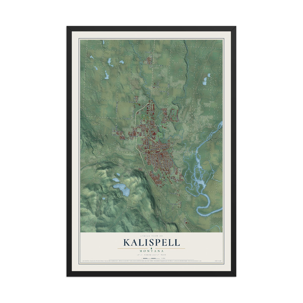 Map of Kalispell, Montana, 12 x 18 inch print in a black wood frame