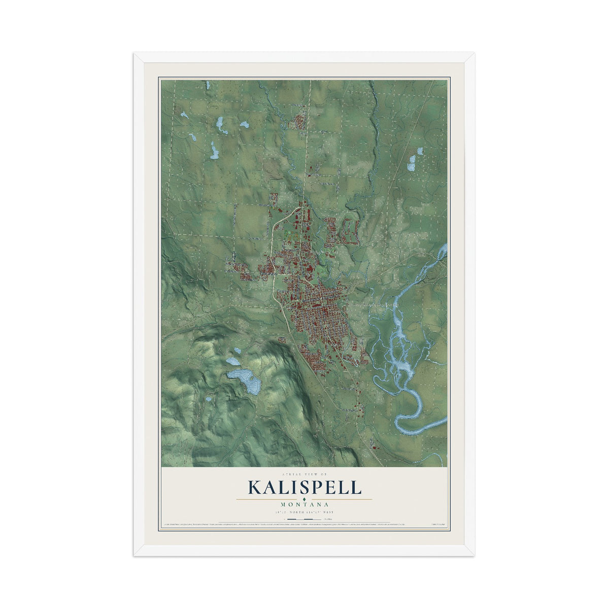 Map of Kalispell, Montana, 12 x 18 inch print in a white wood frame