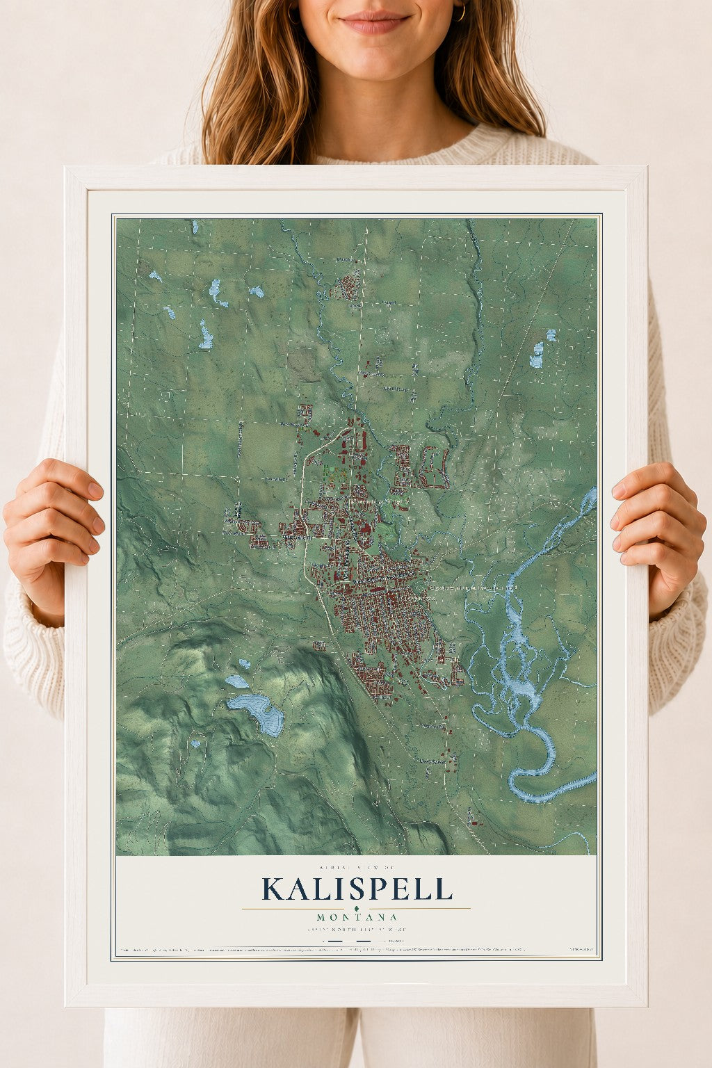 Map of Kalispell, Montana, 18 x 24 inch print in a white wood frame