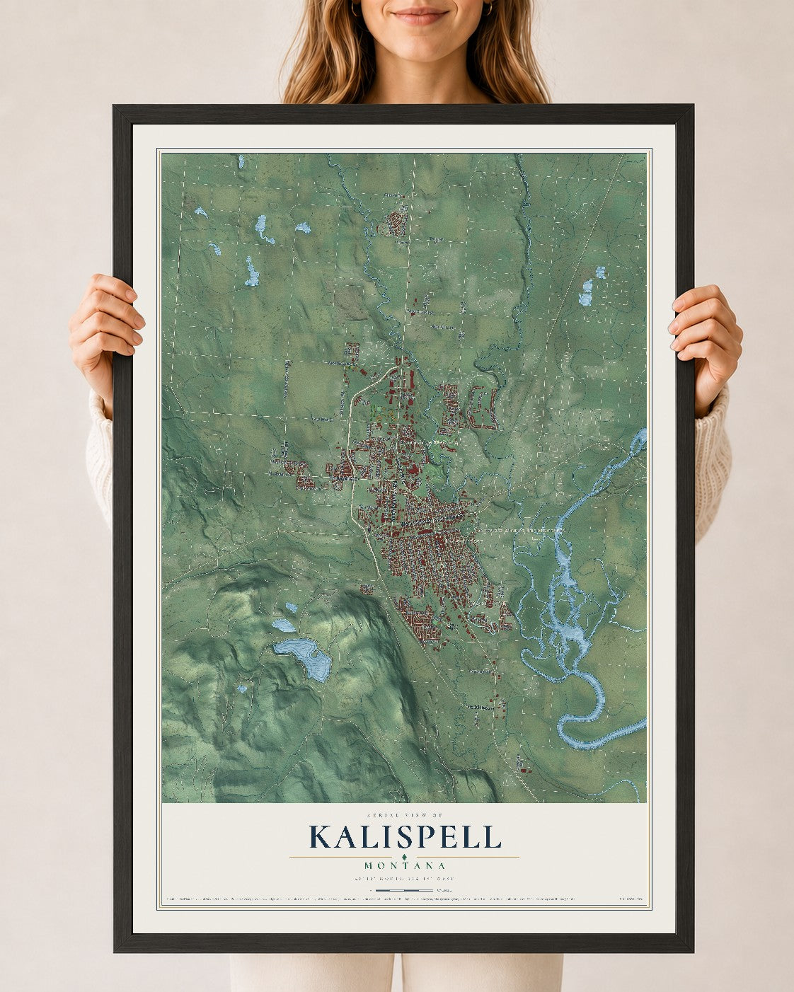 Map of Kalispell, Montana, 24 x 36 inch print in a black wood frame