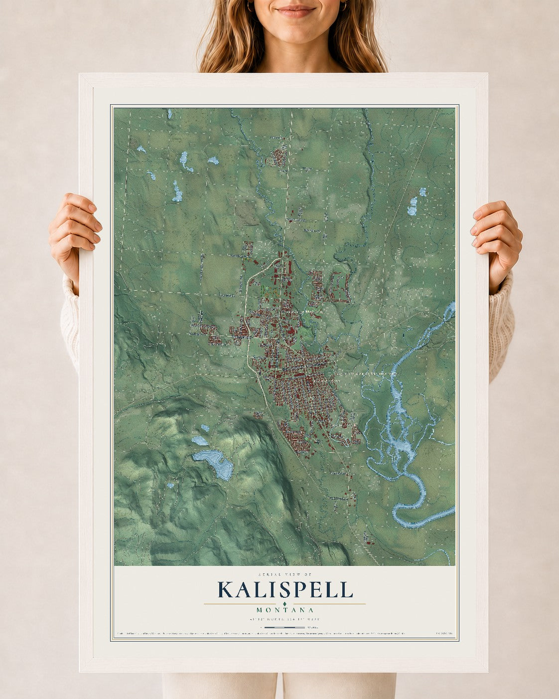 Map of Kalispell, Montana, 24 x 36 inch print in a white wood frame