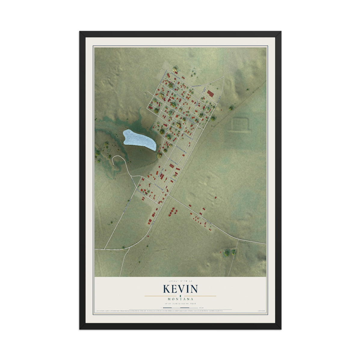 Map of Kevin, Montana, 12 x 18 inch print in a black wood frame