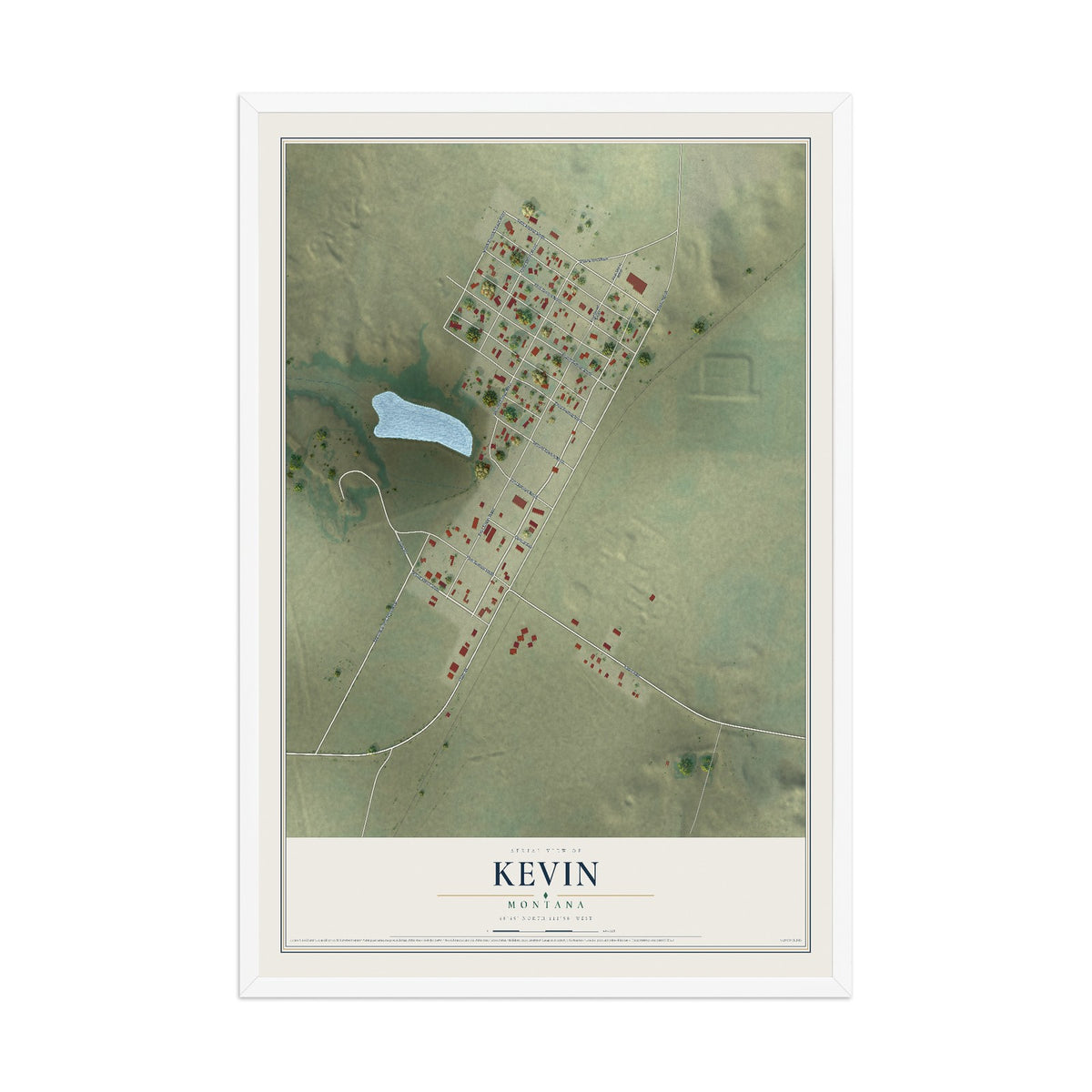 Map of Kevin, Montana, 12 x 18 inch print in a white wood frame