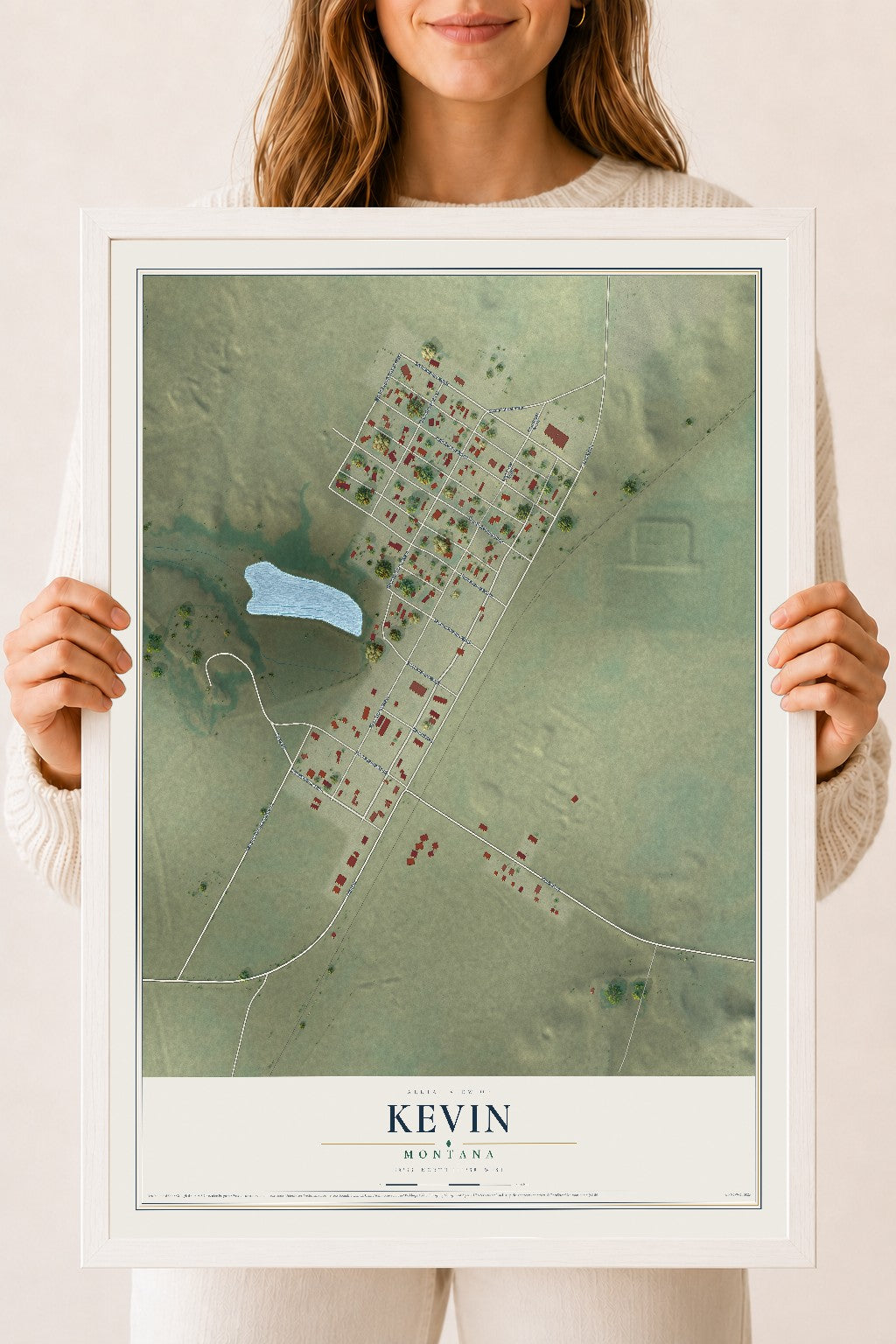 Map of Kevin, Montana, 18 x 24 inch print in a white wood frame