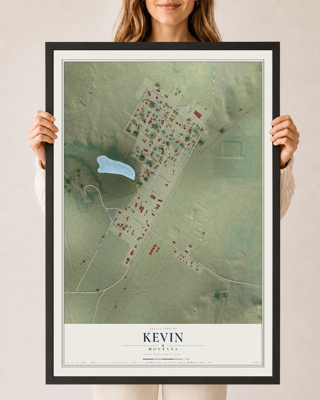 Map of Kevin, Montana, 24 x 36 inch print in a black wood frame