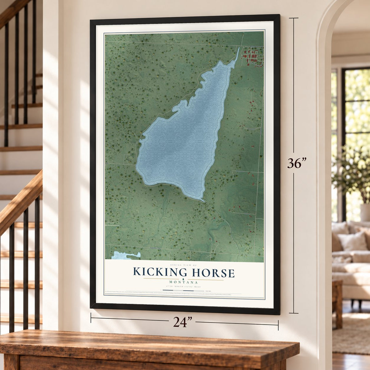 Kicking Horse, Montana map, 24 x 36 inch print in a black frame by a staircase