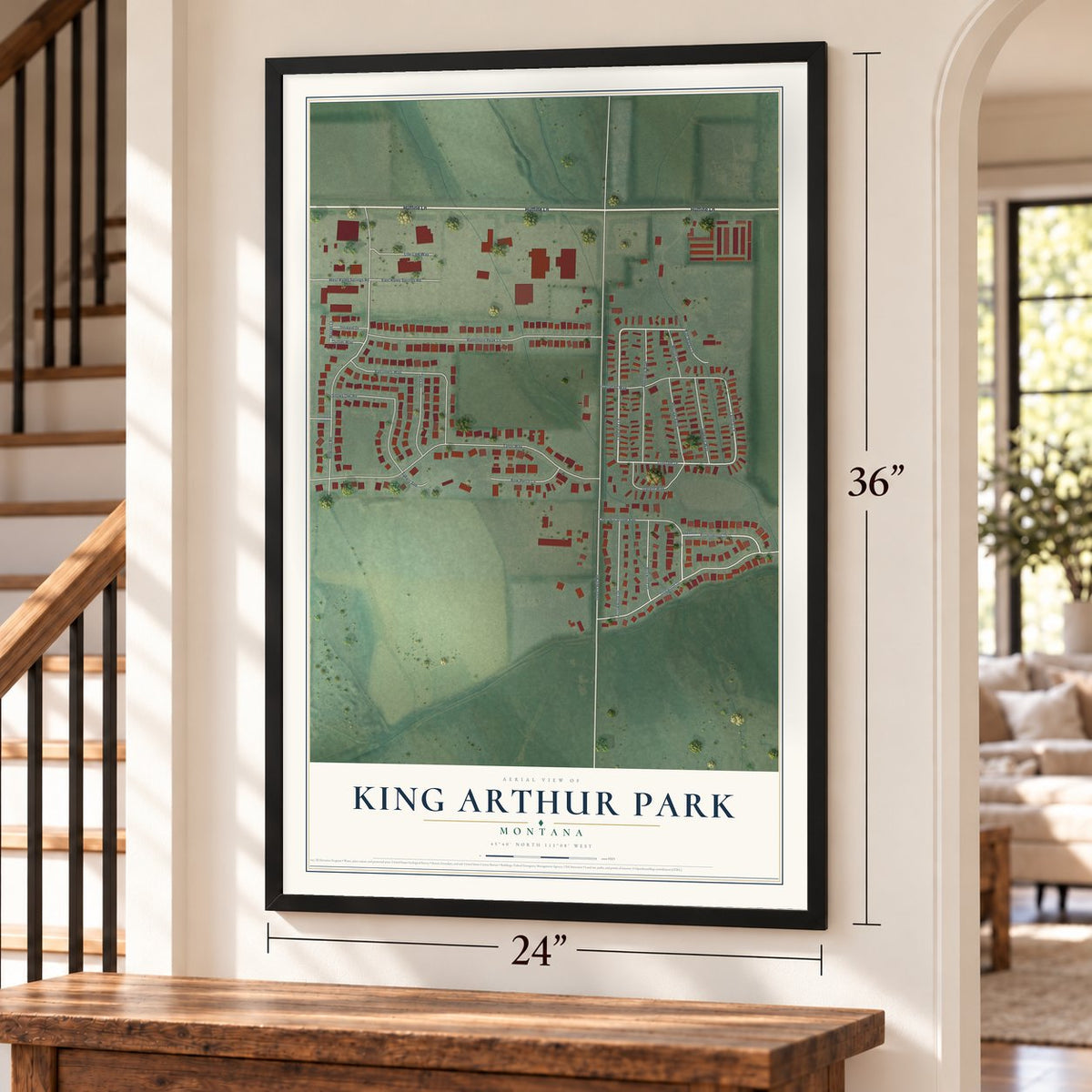 King Arthur Park, Montana map, 24 x 36 inch print in a black frame by a staircase