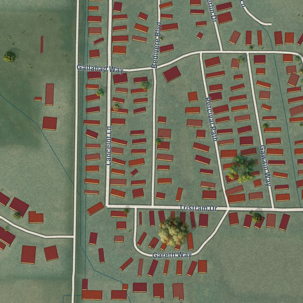 Close-up of the map of King Arthur Park, Montana print showing street and building detail