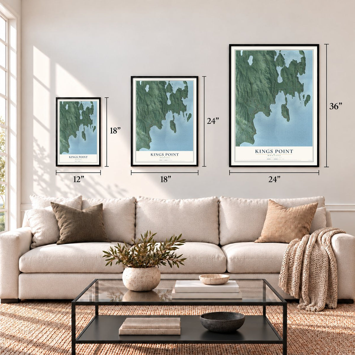 Kings Point, Montana map in 12 x 18, 18 x 24 and 24 x 36 inch sizes above a sofa