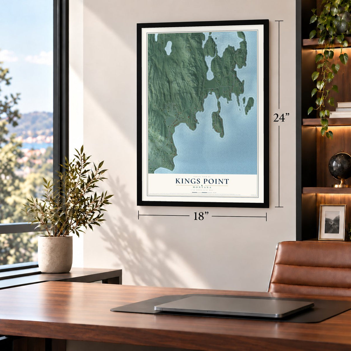 Kings Point, Montana map, 18 x 24 inch print in a black frame in a home office