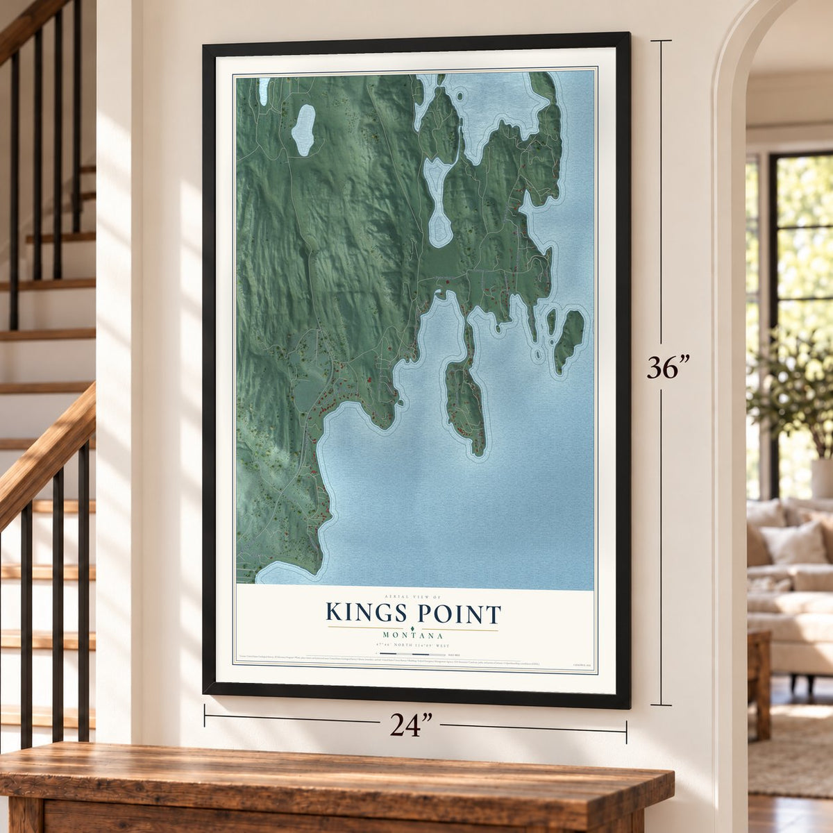 Kings Point, Montana map, 24 x 36 inch print in a black frame by a staircase