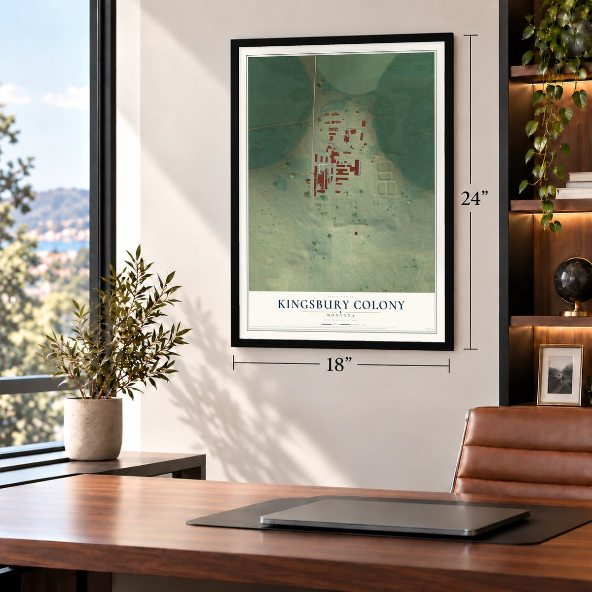 Kingsbury Colony, Montana map, 18 x 24 inch print in a black frame in a home office