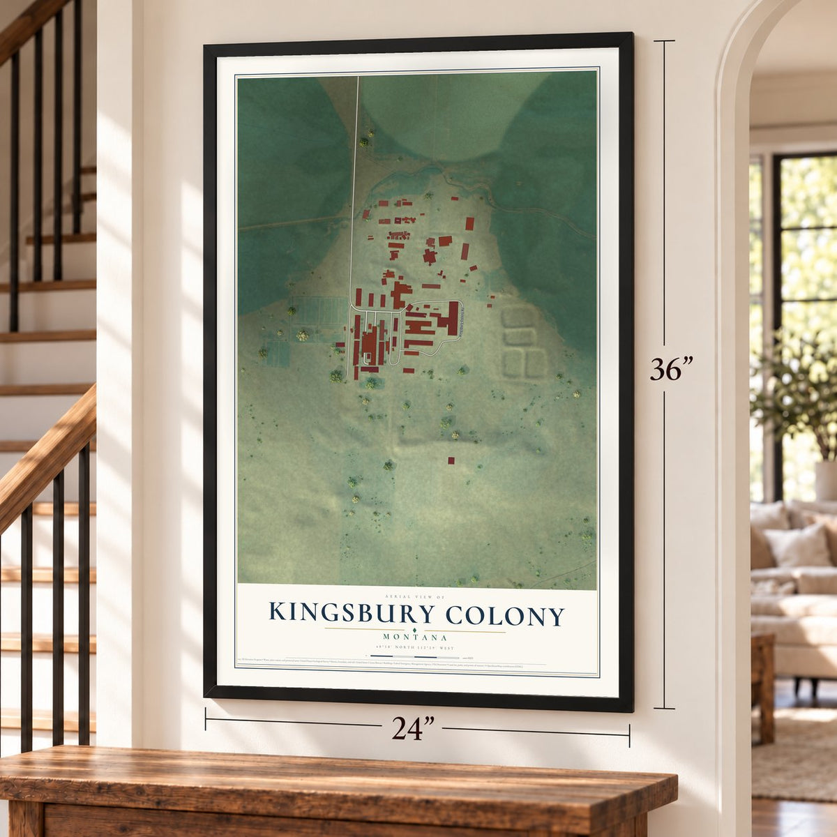 Kingsbury Colony, Montana map, 24 x 36 inch print in a black frame by a staircase