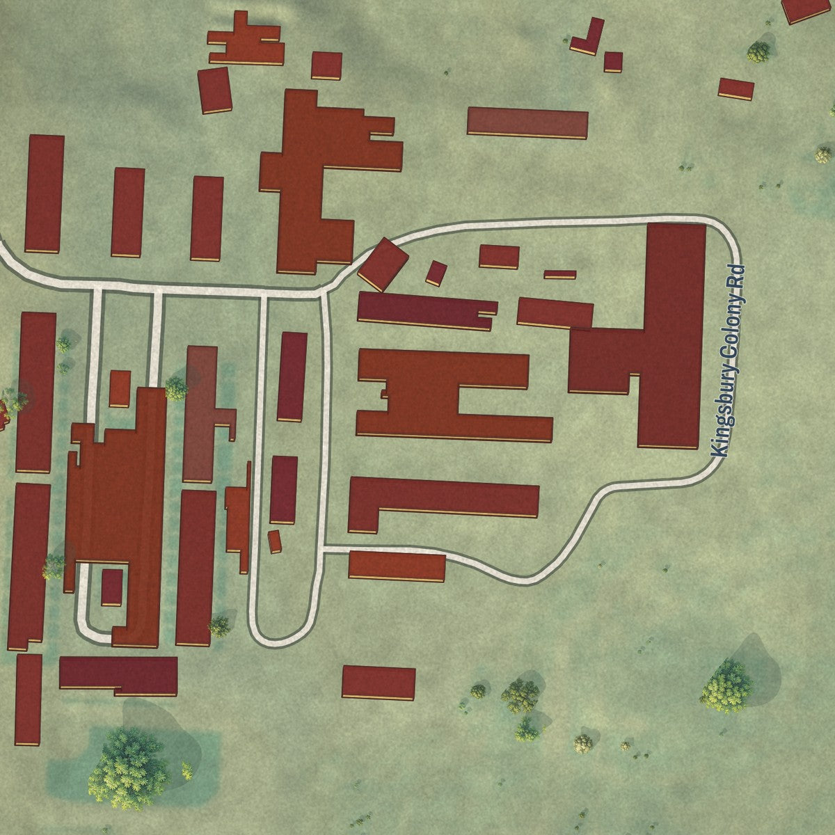 Close-up of the map of Kingsbury Colony, Montana print showing street and building detail