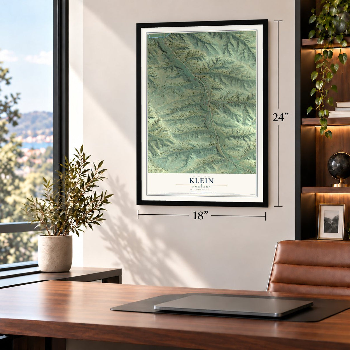 Klein, Montana map, 18 x 24 inch print in a black frame in a home office