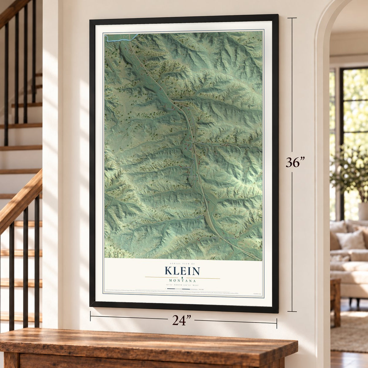 Klein, Montana map, 24 x 36 inch print in a black frame by a staircase