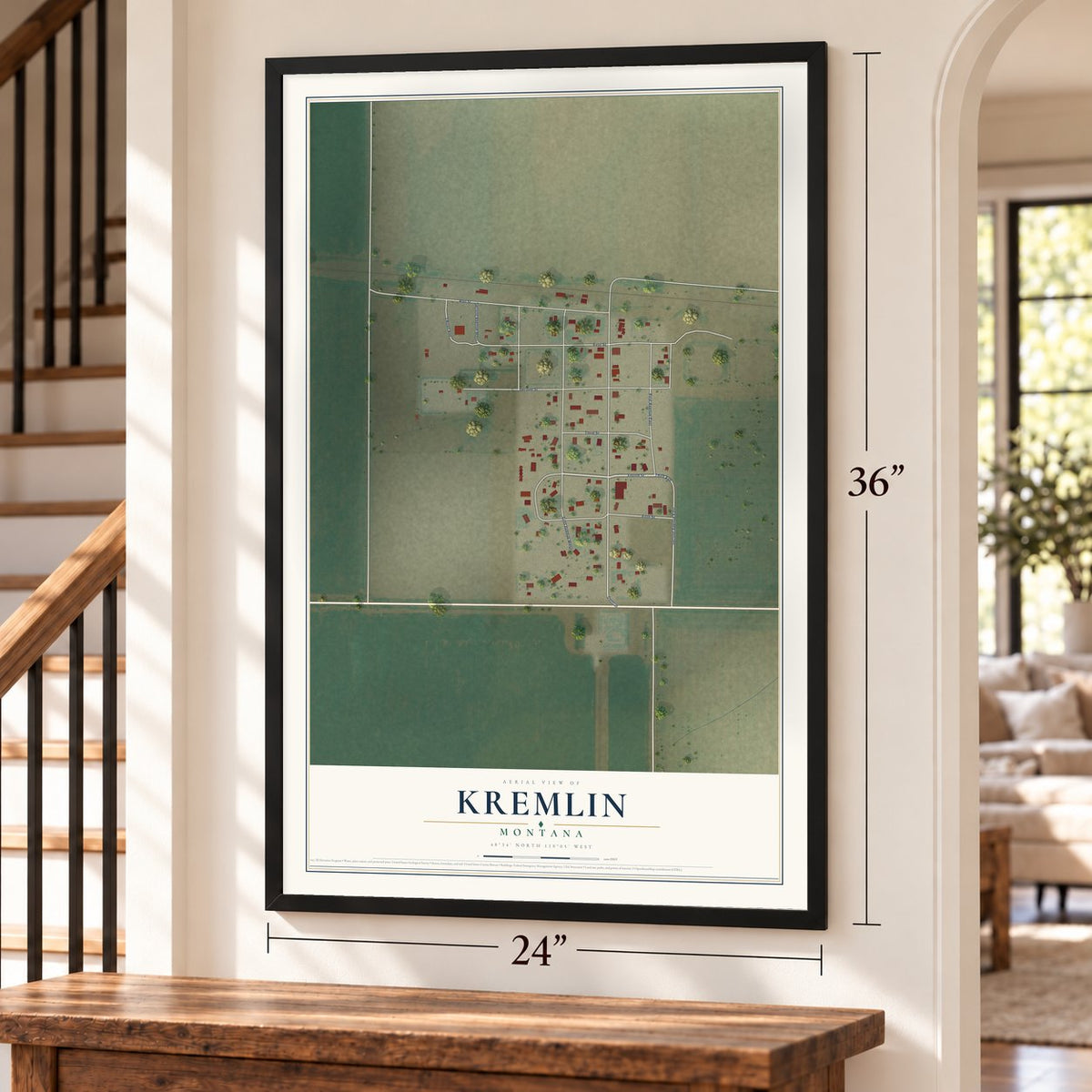 Kremlin, Montana map, 24 x 36 inch print in a black frame by a staircase
