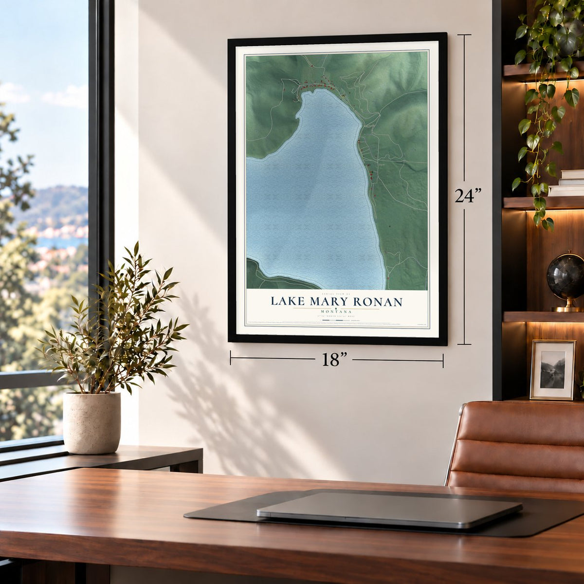 Lake Mary Ronan, Montana map, 18 x 24 inch print in a black frame in a home office