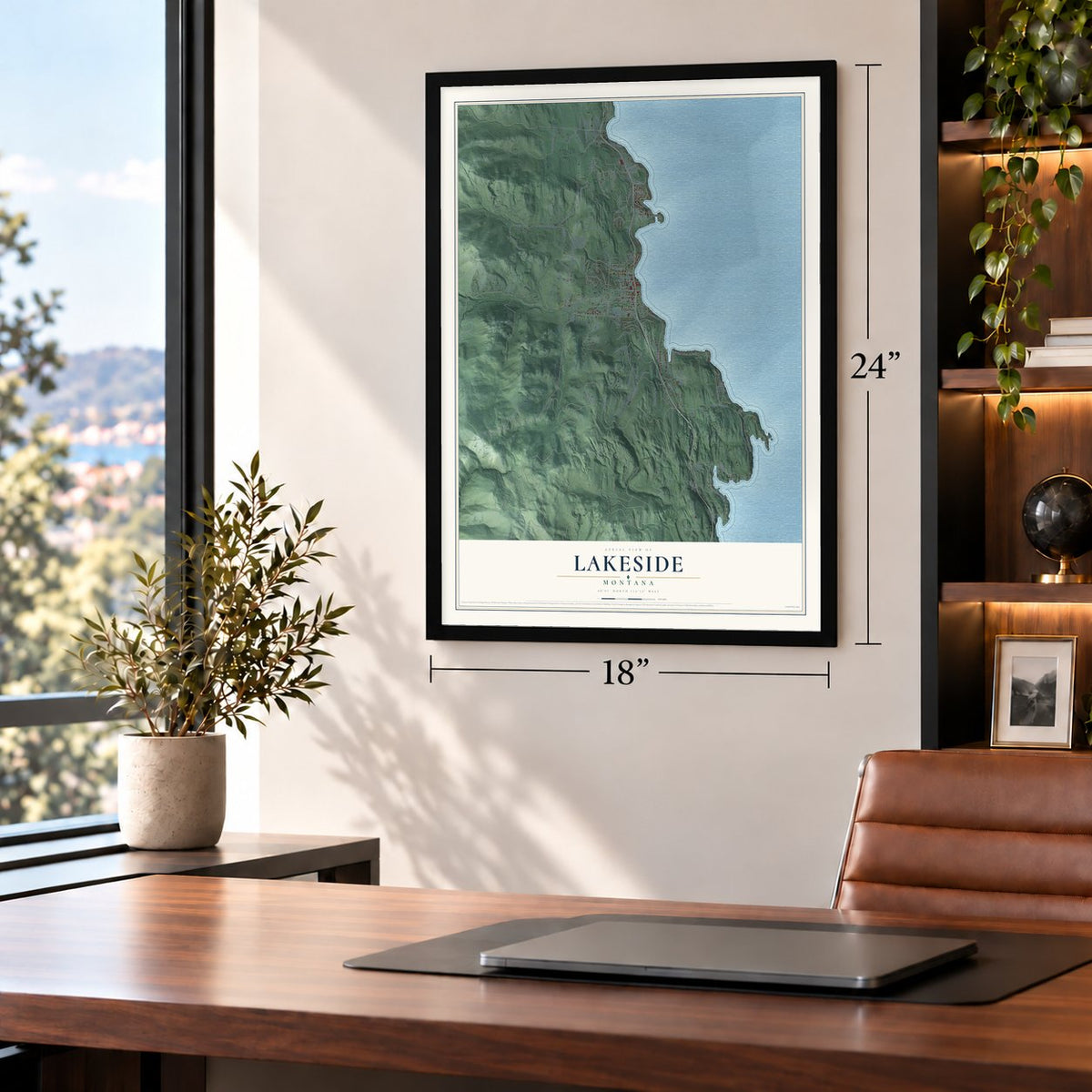 Lakeside, Montana map, 18 x 24 inch print in a black frame in a home office