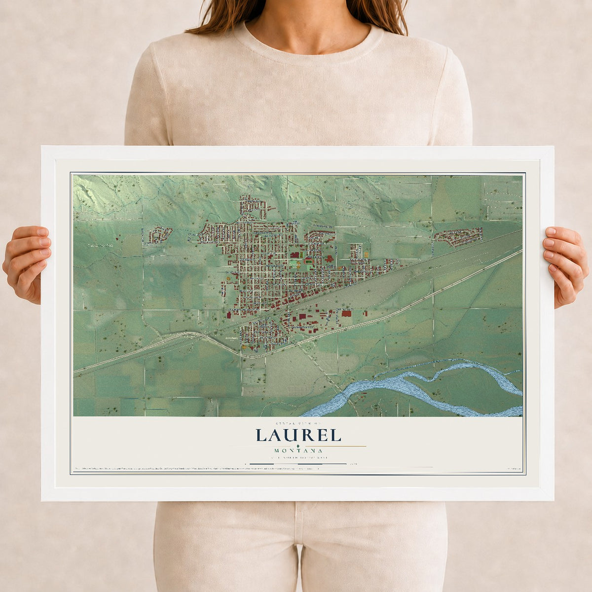 Map of Laurel, Montana, 12 x 18 inch print in a white wood frame