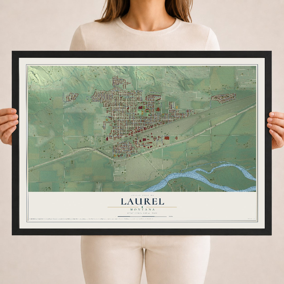Map of Laurel, Montana, 18 x 24 inch print in a black wood frame