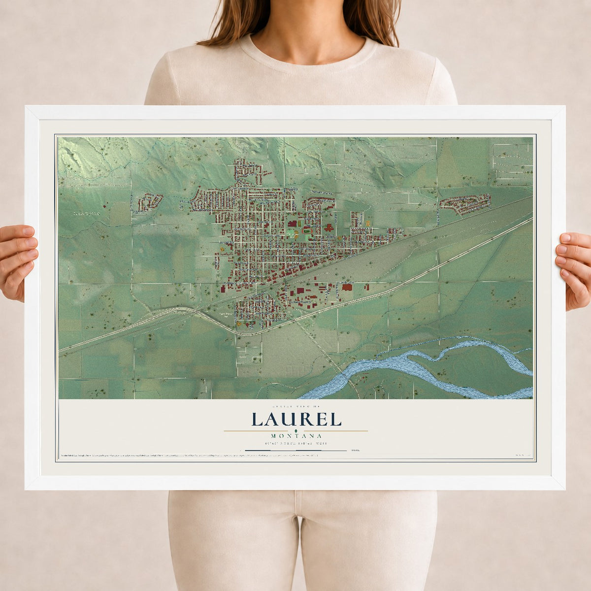 Map of Laurel, Montana, 18 x 24 inch print in a white wood frame