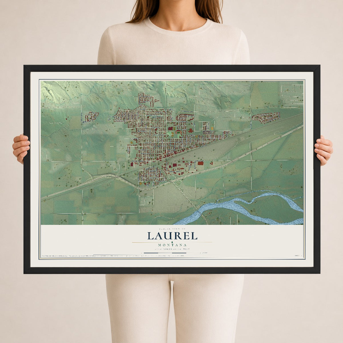 Map of Laurel, Montana, 24 x 36 inch print in a black wood frame