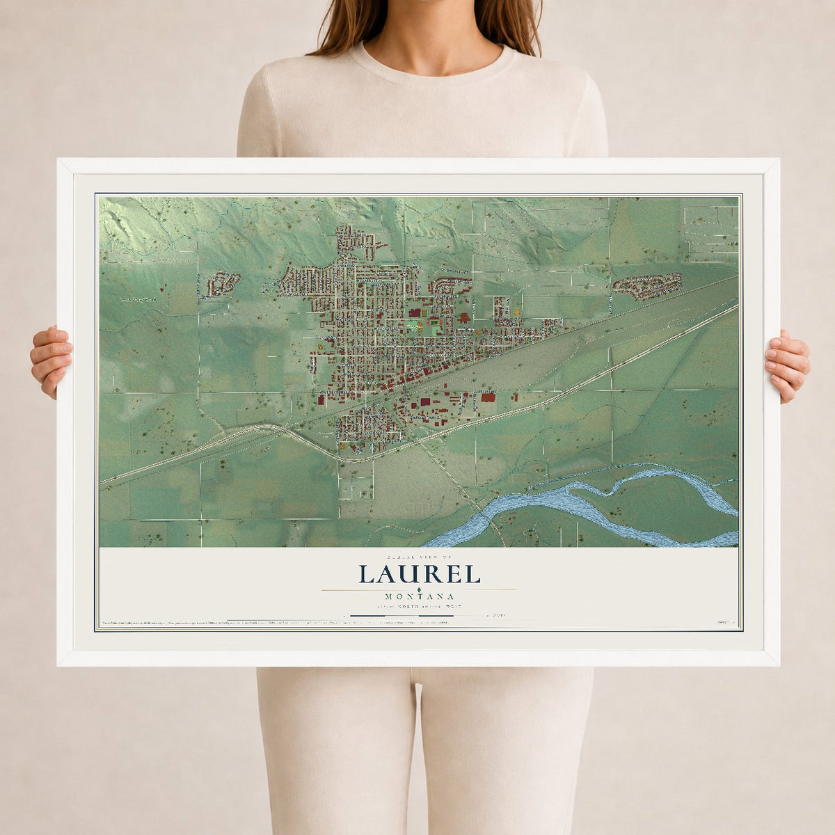 Map of Laurel, Montana, 24 x 36 inch print in a white wood frame