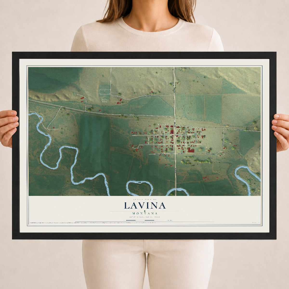 Map of Lavina, Montana, 18 x 24 inch print in a black wood frame