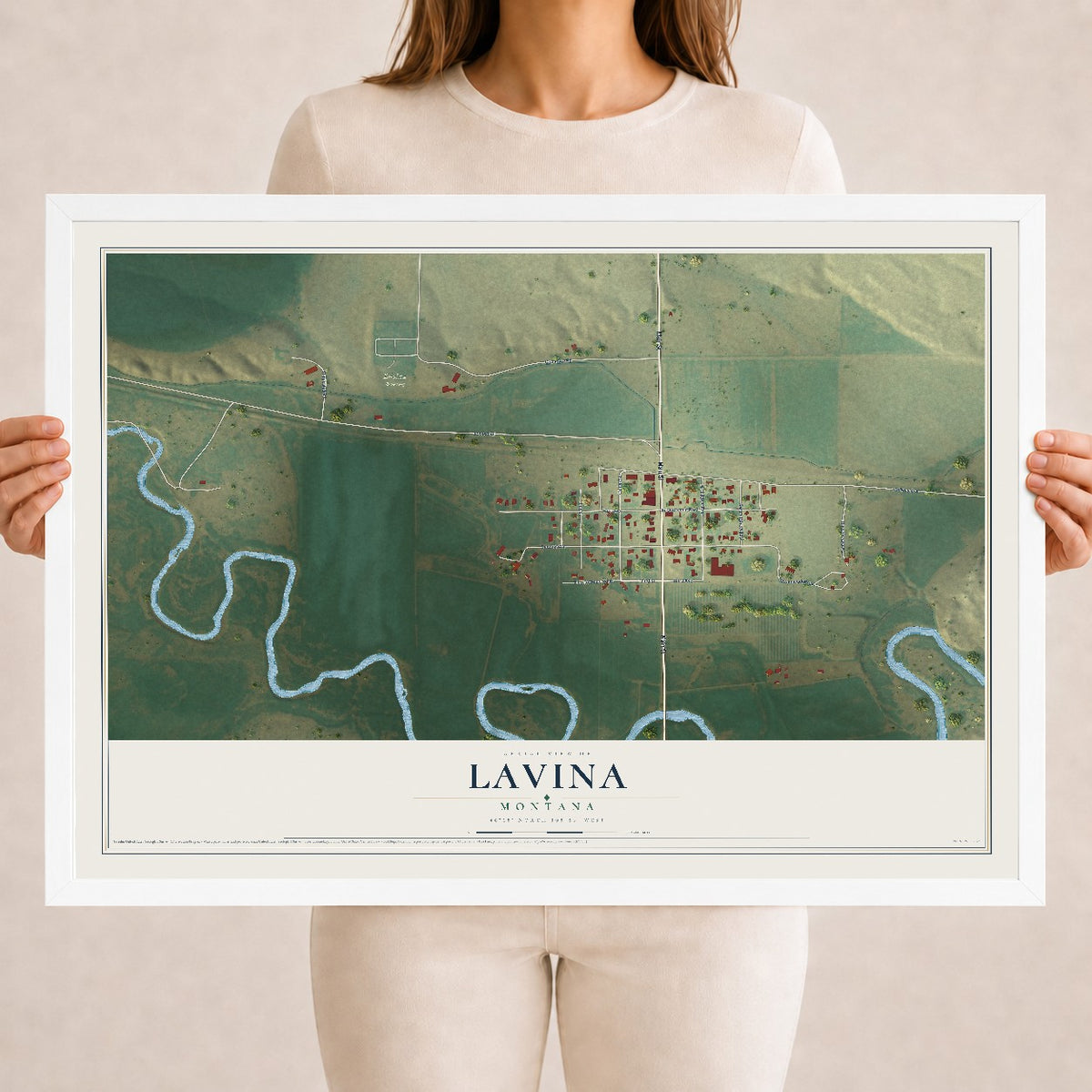Map of Lavina, Montana, 18 x 24 inch print in a white wood frame