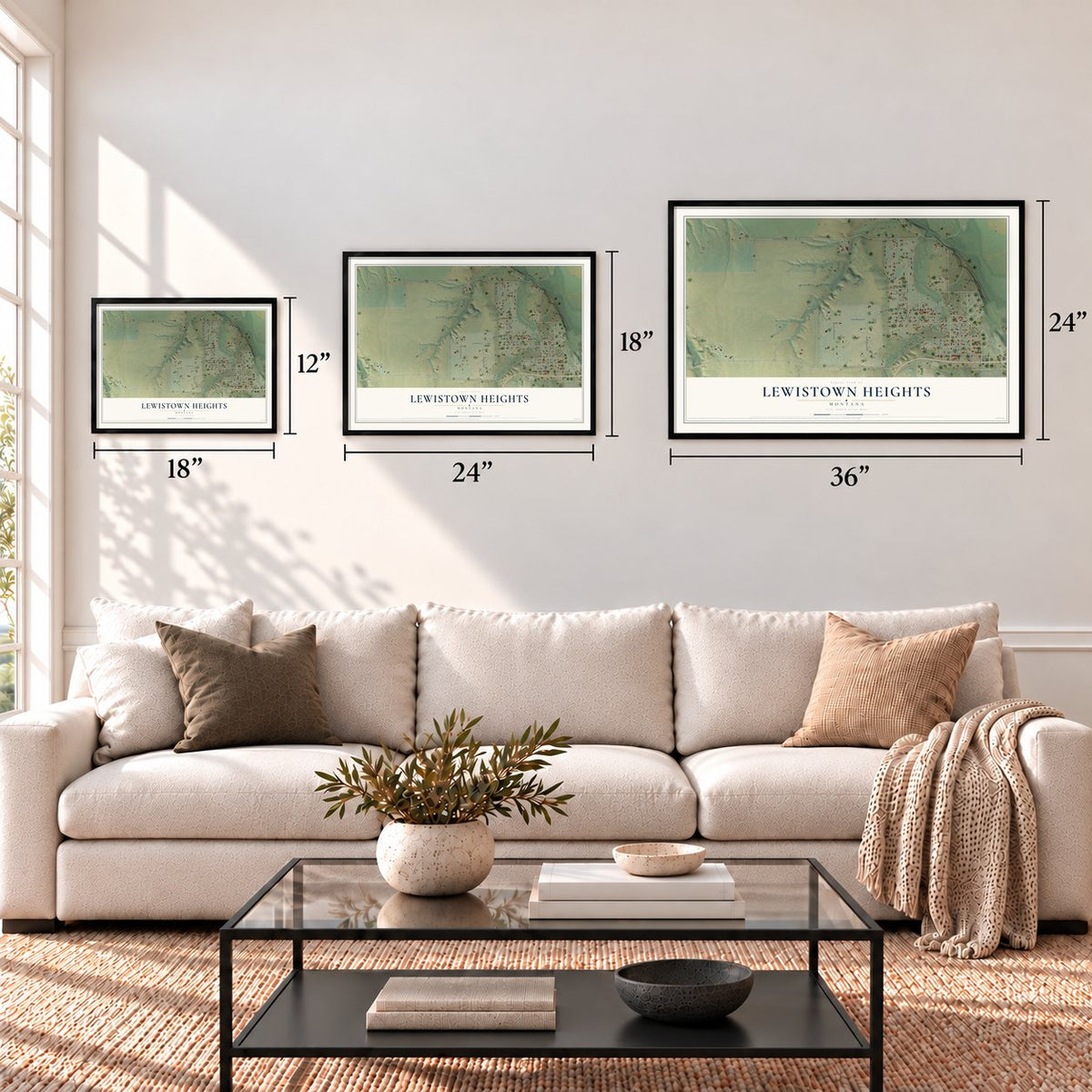 Lewistown Heights, Montana map in 12 x 18, 18 x 24 and 24 x 36 inch sizes above a sofa