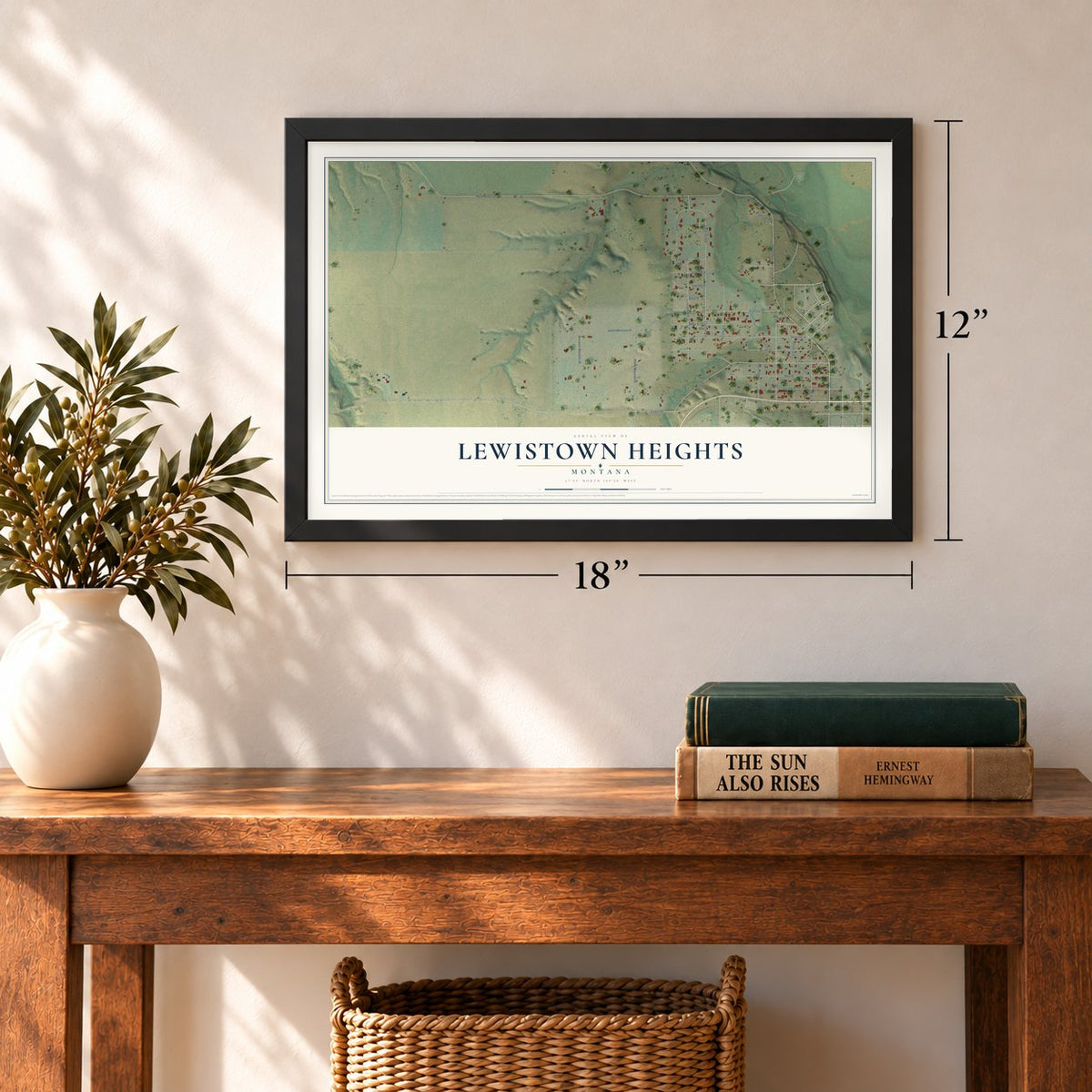 Lewistown Heights, Montana map, 12 x 18 inch print in a black frame in an entryway