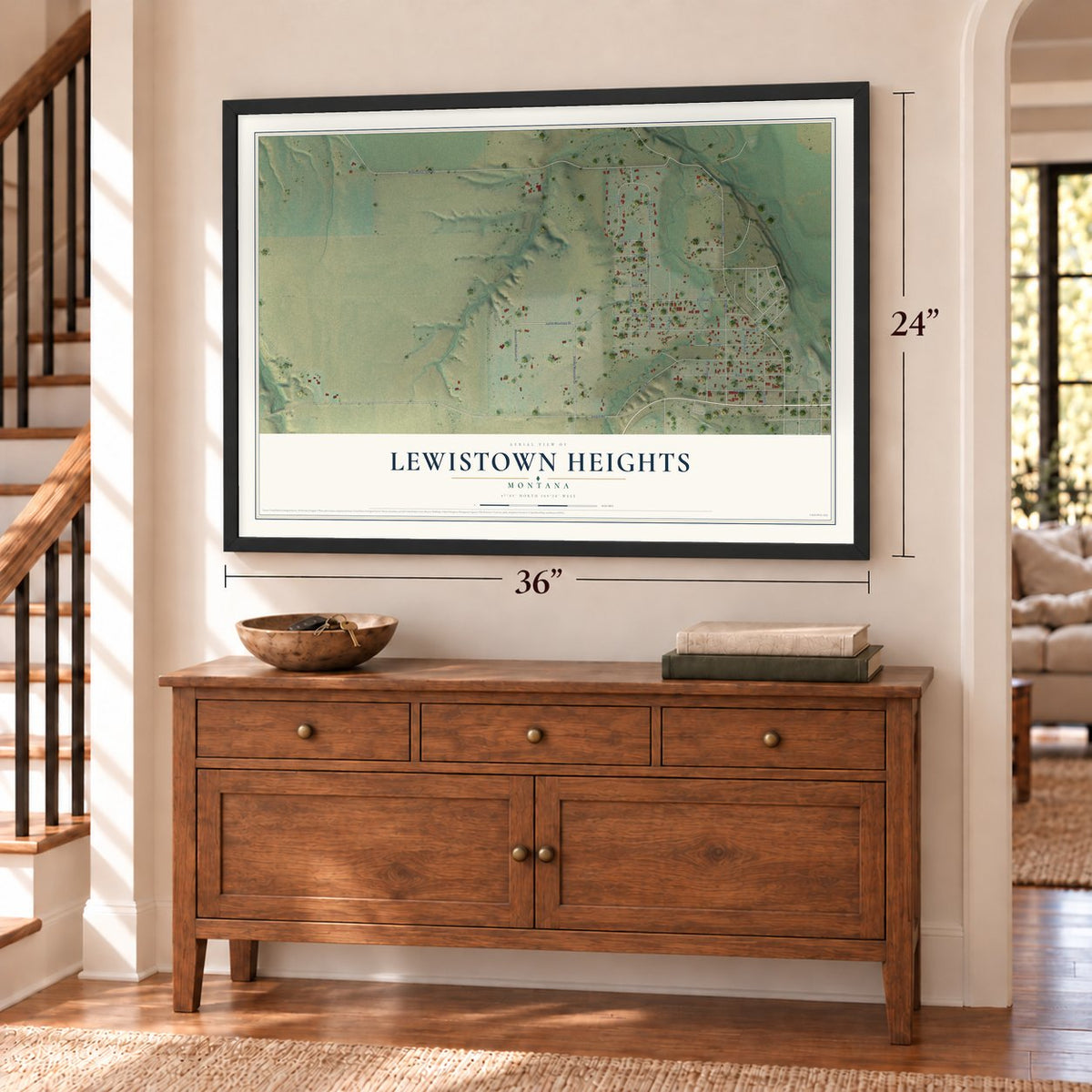 Lewistown Heights, Montana map, 24 x 36 inch print in a black frame above a dresser by a staircase