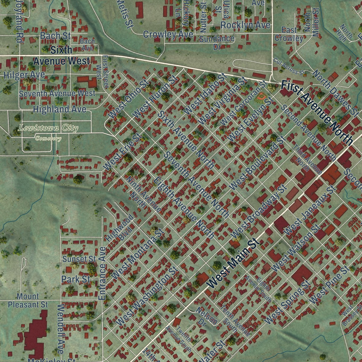 Close-up of the map of Lewistown, Montana print showing street and building detail