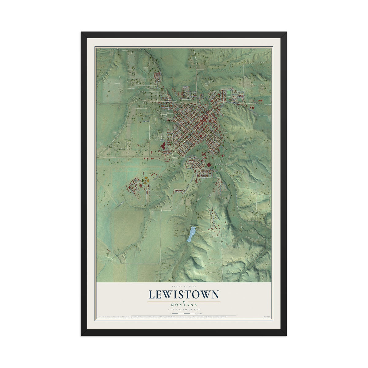 Map of Lewistown, Montana, 12 x 18 inch print in a black wood frame