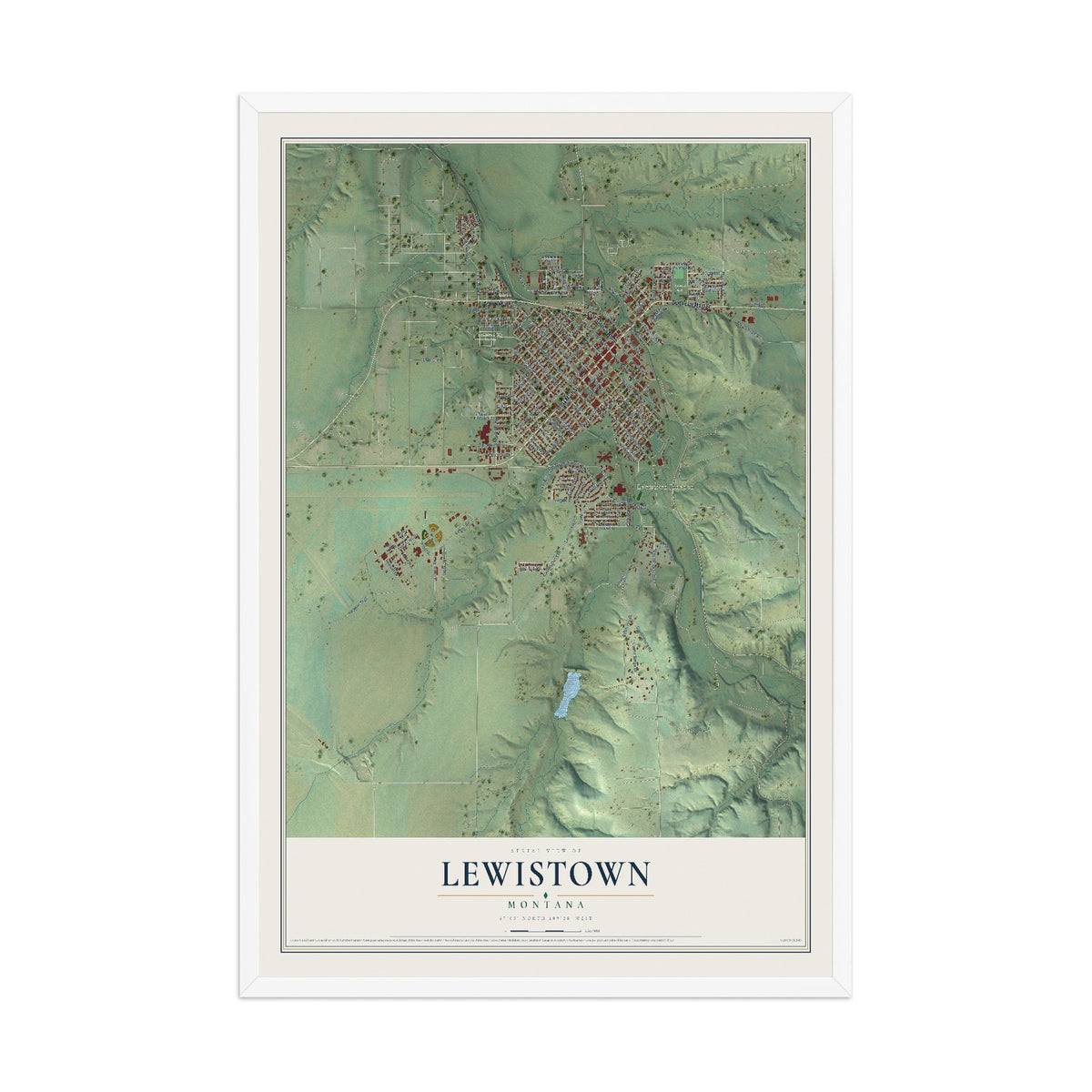 Map of Lewistown, Montana, 12 x 18 inch print in a white wood frame