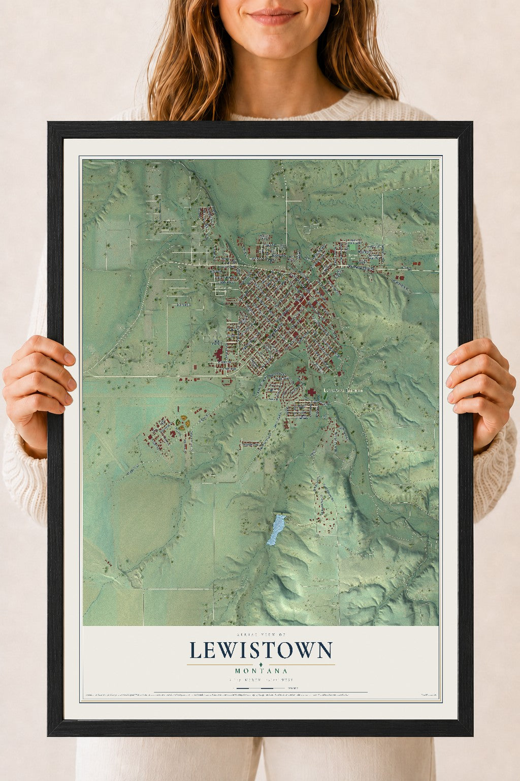 Map of Lewistown, Montana, 18 x 24 inch print in a black wood frame