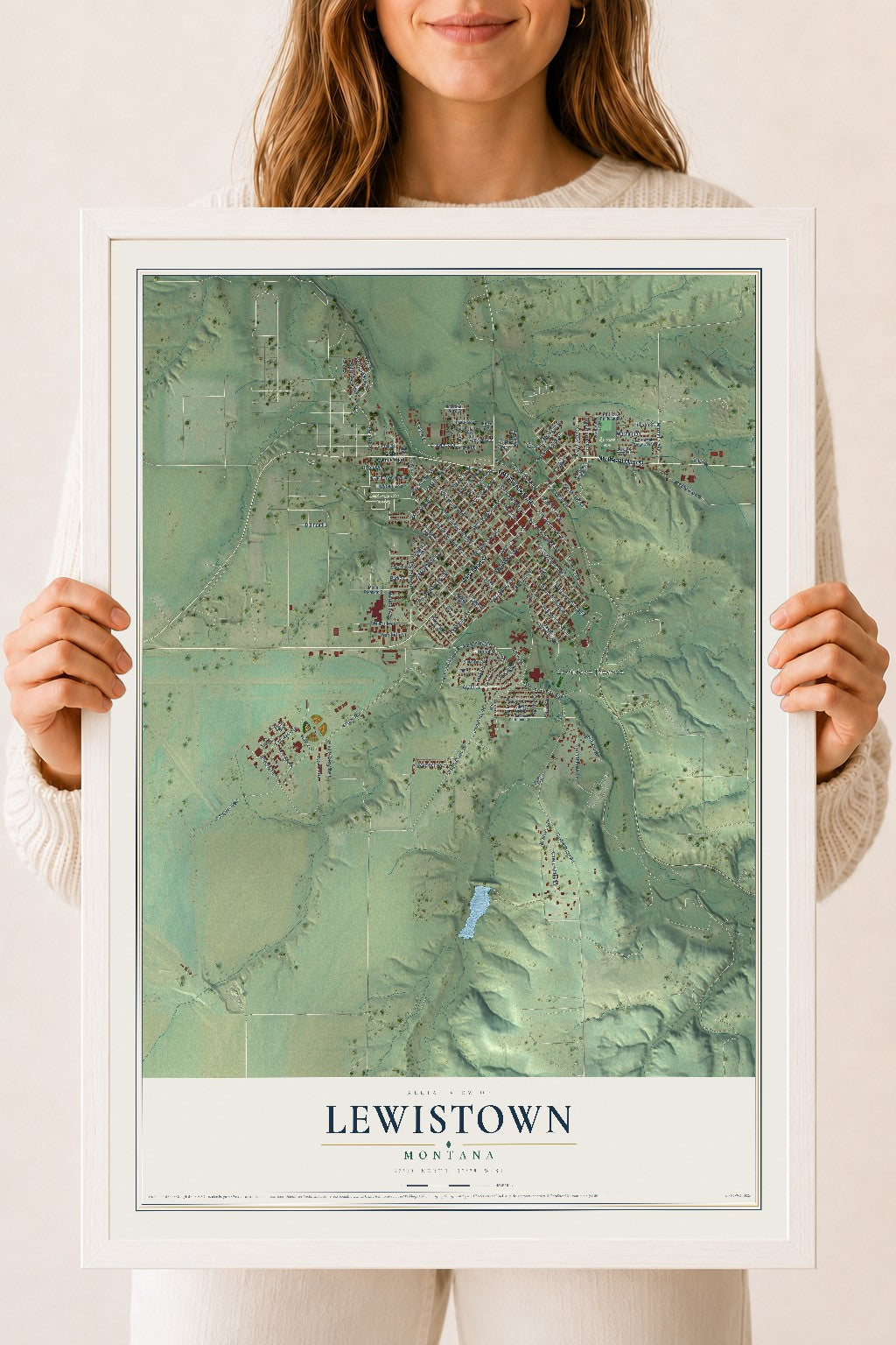 Map of Lewistown, Montana, 18 x 24 inch print in a white wood frame
