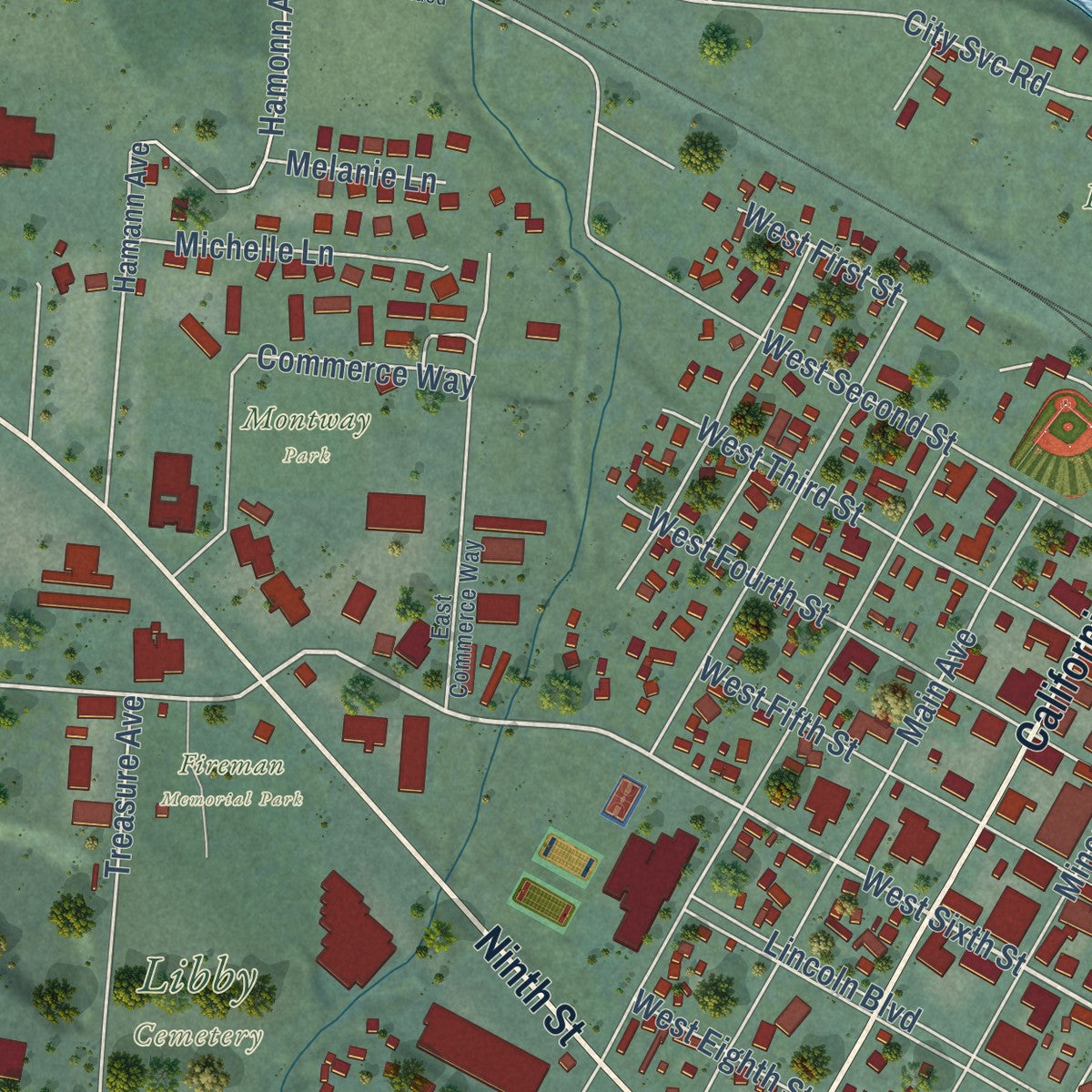 Second close-up of the map of Libby, Montana print showing more streets and buildings