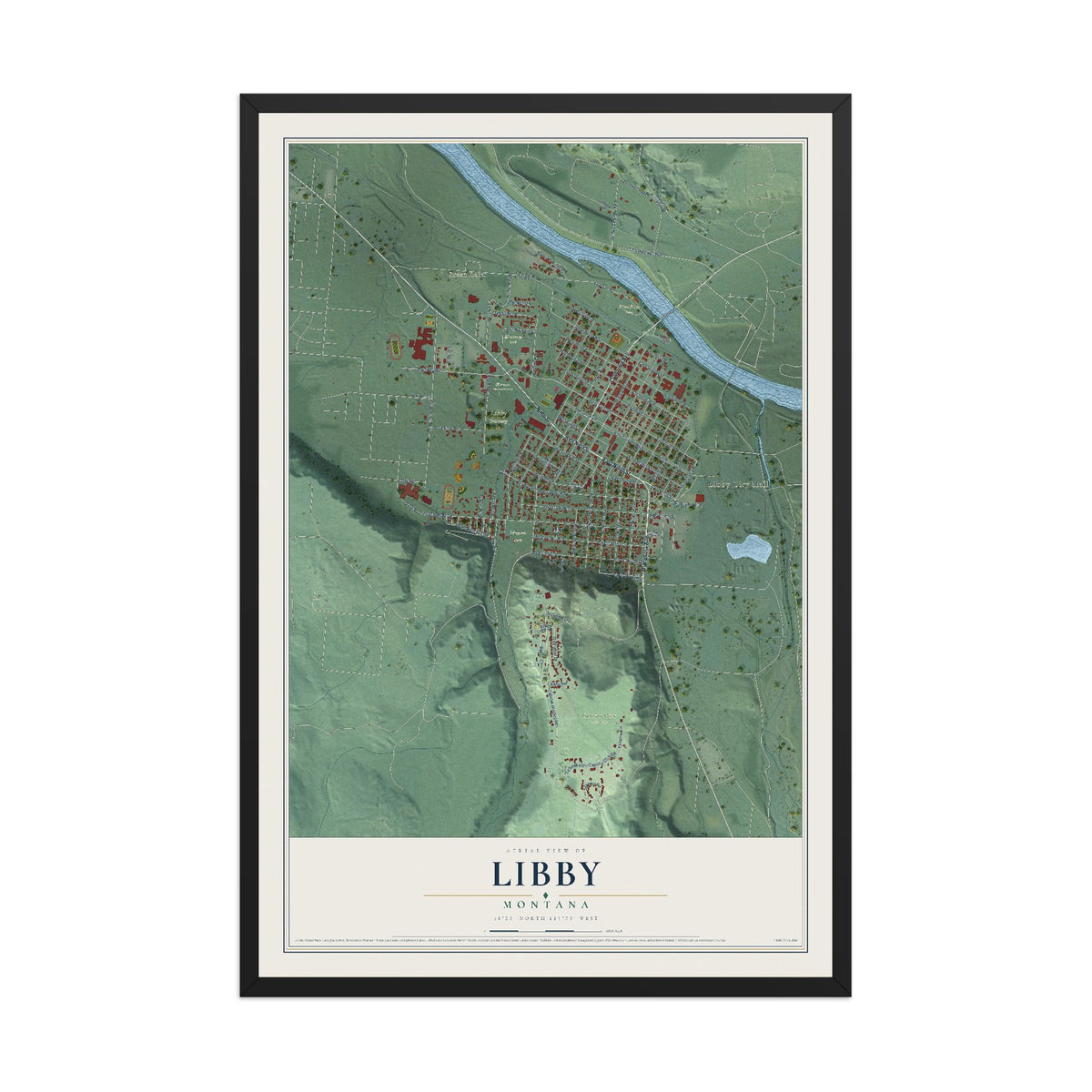 Map of Libby, Montana, 12 x 18 inch print in a black wood frame