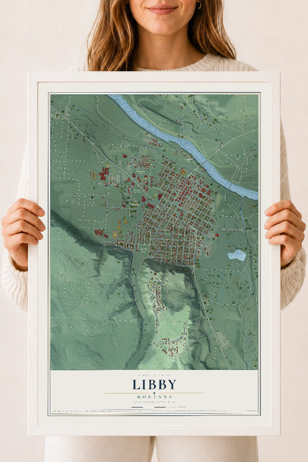 Map of Libby, Montana, 18 x 24 inch print in a white wood frame