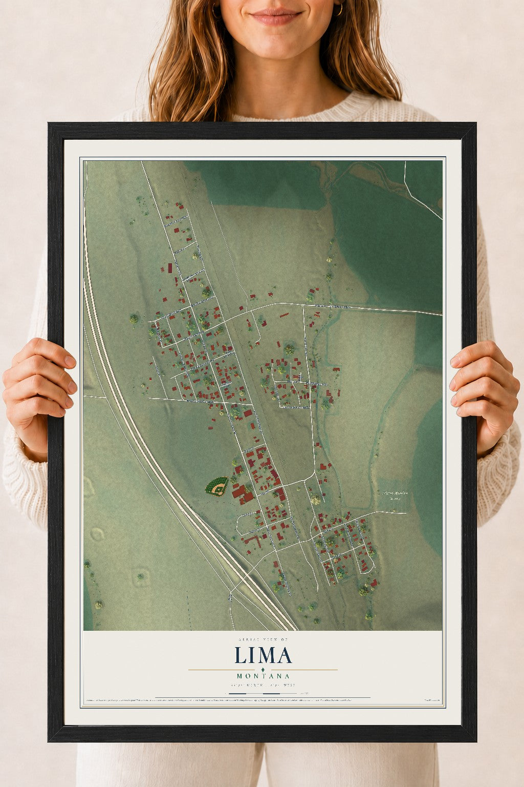 Map of Lima, Montana, 18 x 24 inch print in a black wood frame