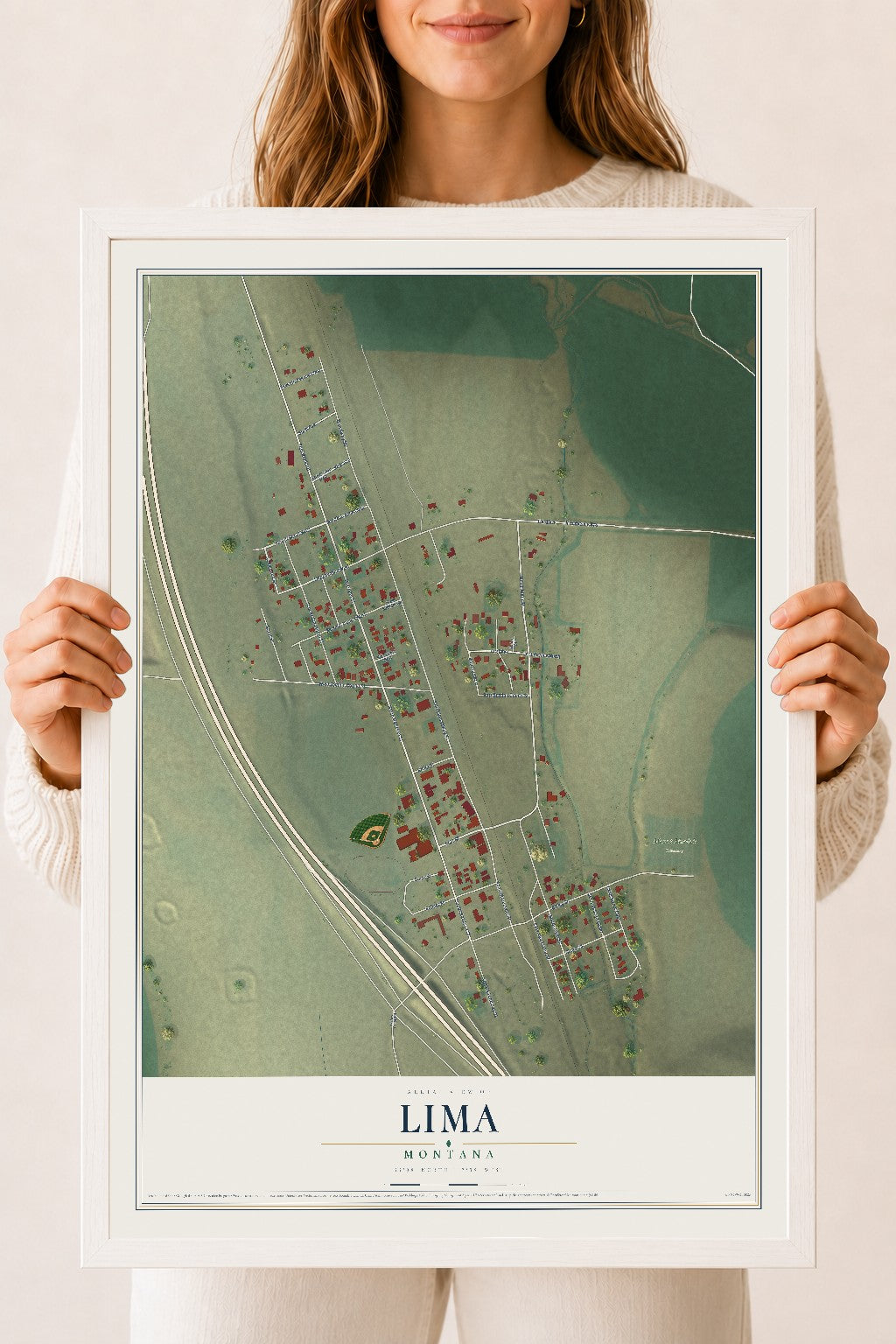 Map of Lima, Montana, 18 x 24 inch print in a white wood frame