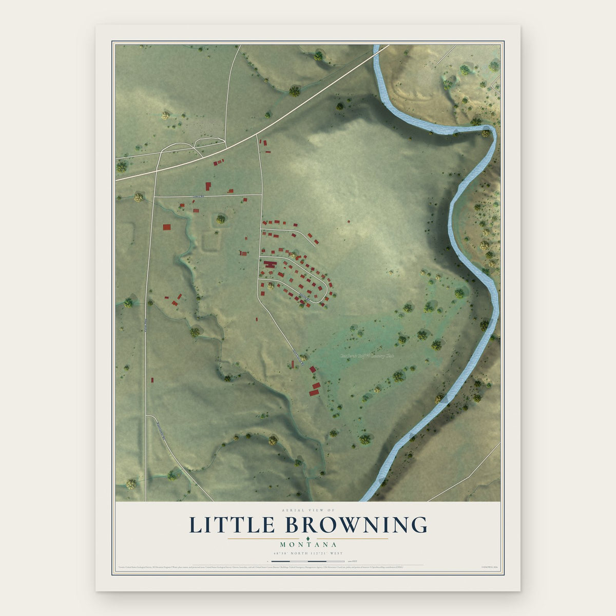 Little Browning, Montana map print, the full design