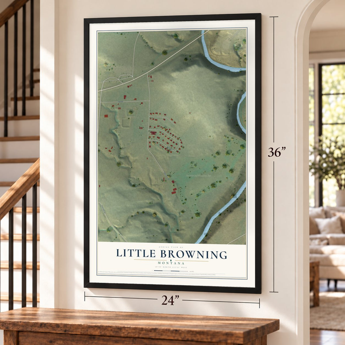 Little Browning, Montana map, 24 x 36 inch print in a black frame by a staircase