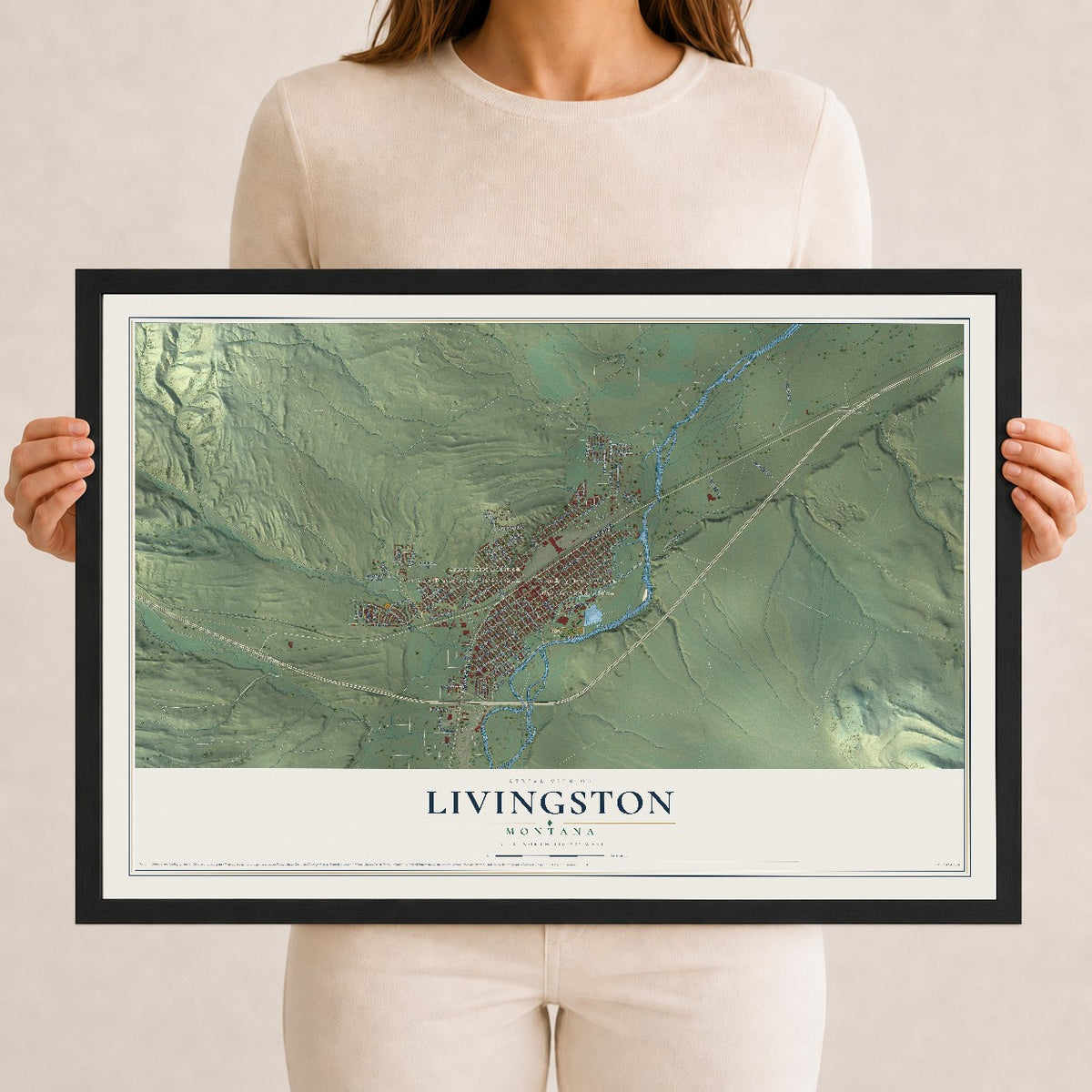 Map of Livingston, Montana, 12 x 18 inch print in a black wood frame