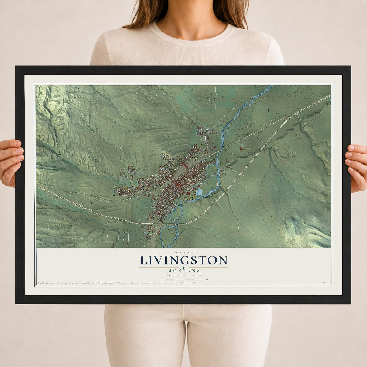 Map of Livingston, Montana, 18 x 24 inch print in a black wood frame