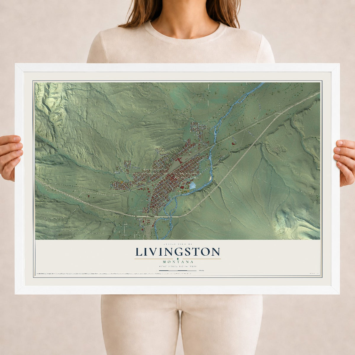 Map of Livingston, Montana, 18 x 24 inch print in a white wood frame