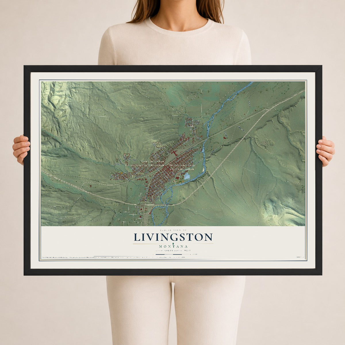 Map of Livingston, Montana, 24 x 36 inch print in a black wood frame