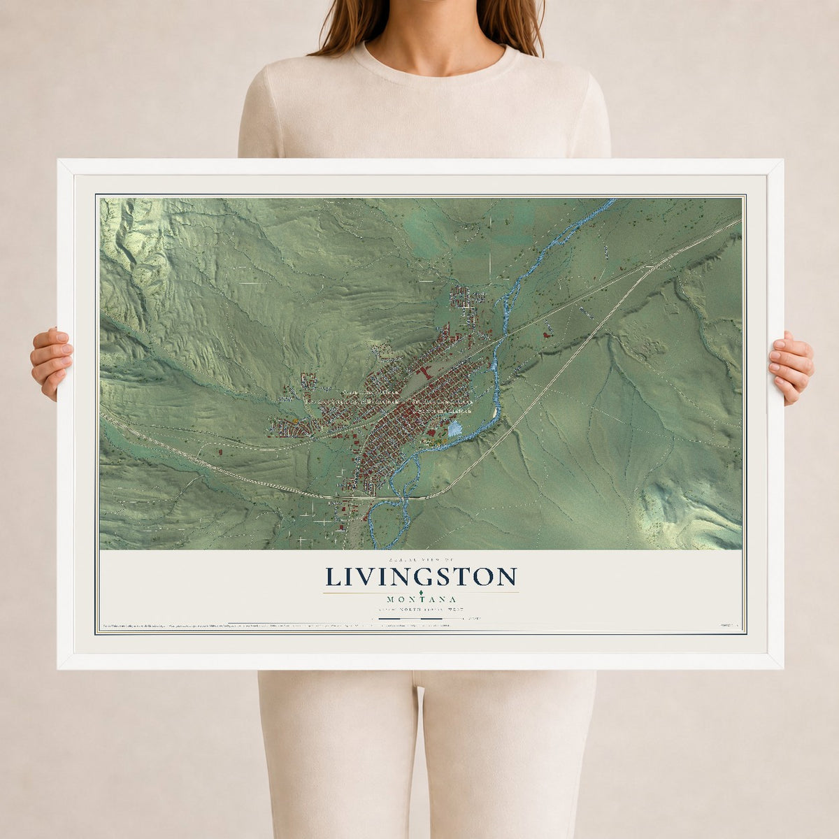 Map of Livingston, Montana, 24 x 36 inch print in a white wood frame